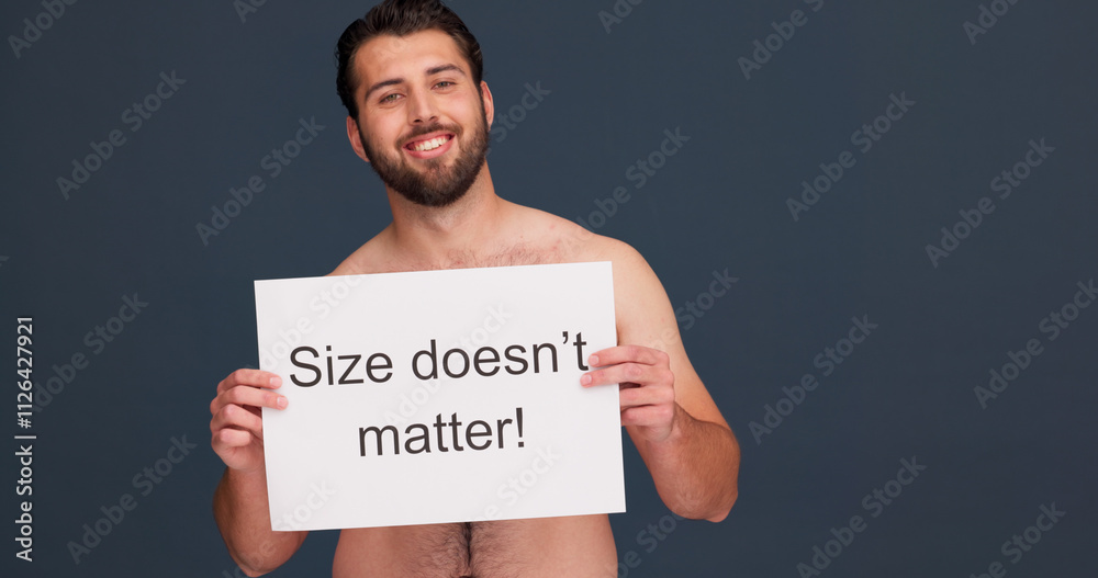 Portrait, smile and man with poster for body positivity, acceptance or topless. Face, confident and person with paper sign for natural size, pride or self love message on dark studio background space Portrait, smile and man with poster for body positivity, acceptance or topless. Face, confident and person with paper sign for natural size, pride or self love message on dark studio background space