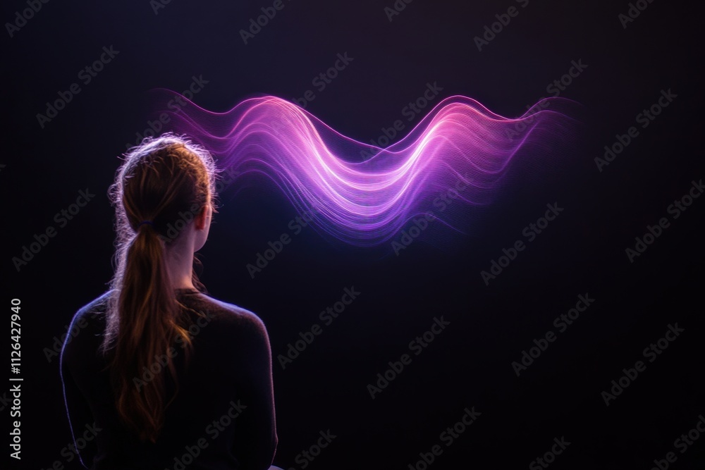 A person observes colorful wave patterns projected in a dark environment, creating a mesmerizing visual experience. A person observes colorful wave patterns projected in a dark environment, creating a mesmerizing visual experience.