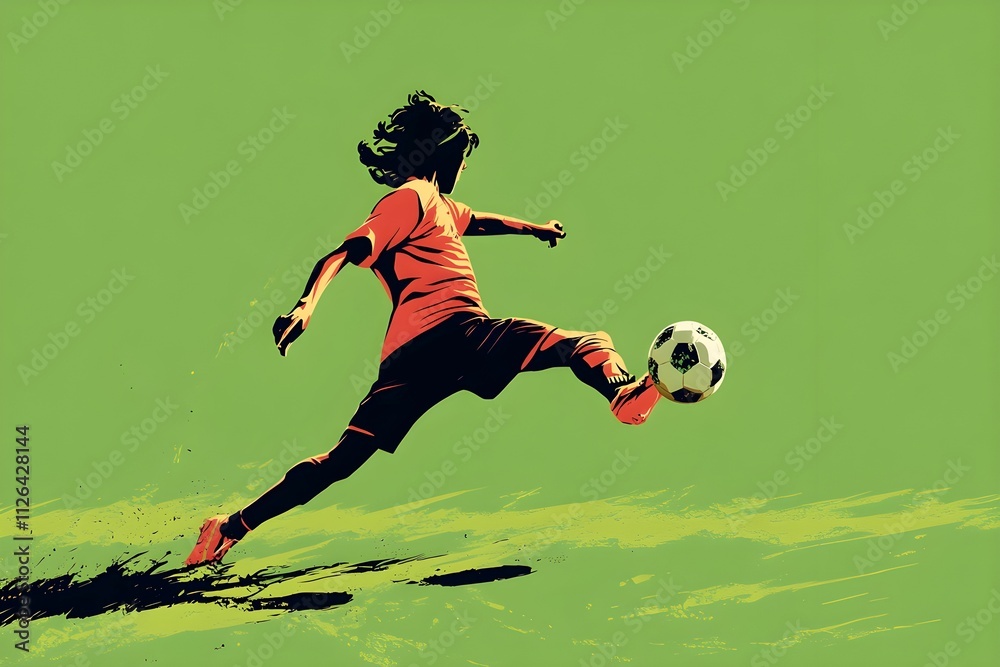 Dynamic soccer player striking a ball on a vibrant green background during a match Dynamic soccer player striking a ball on a vibrant green background during a match