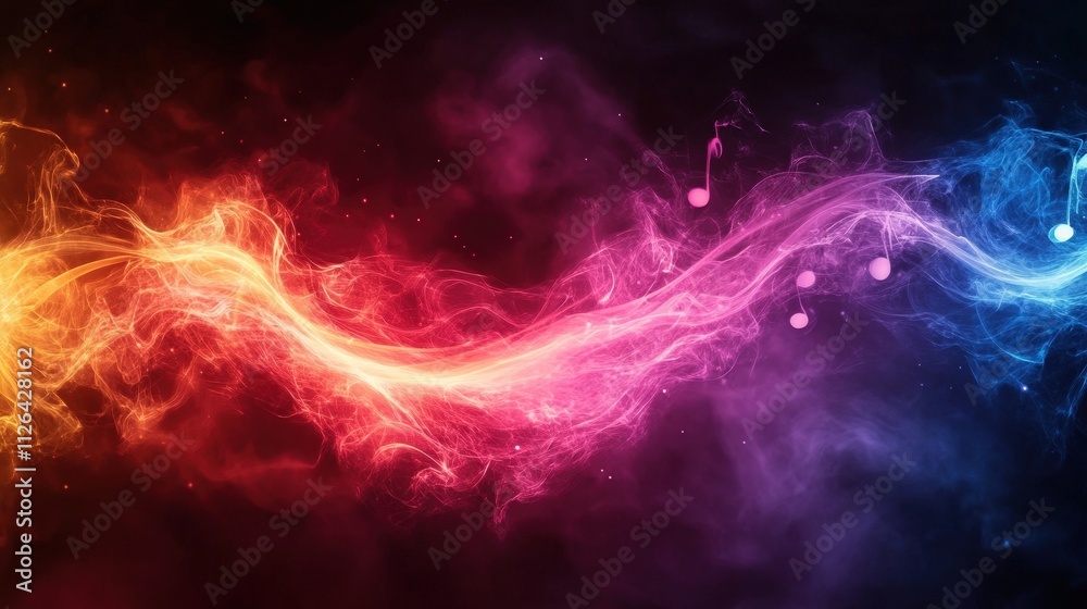 A vibrant abstract design featuring swirling colors of pink, orange, and blue, intertwined with musical notes against a dark background. A vibrant abstract design featuring swirling colors of pink, orange, and blue, intertwined with musical notes against a dark background.