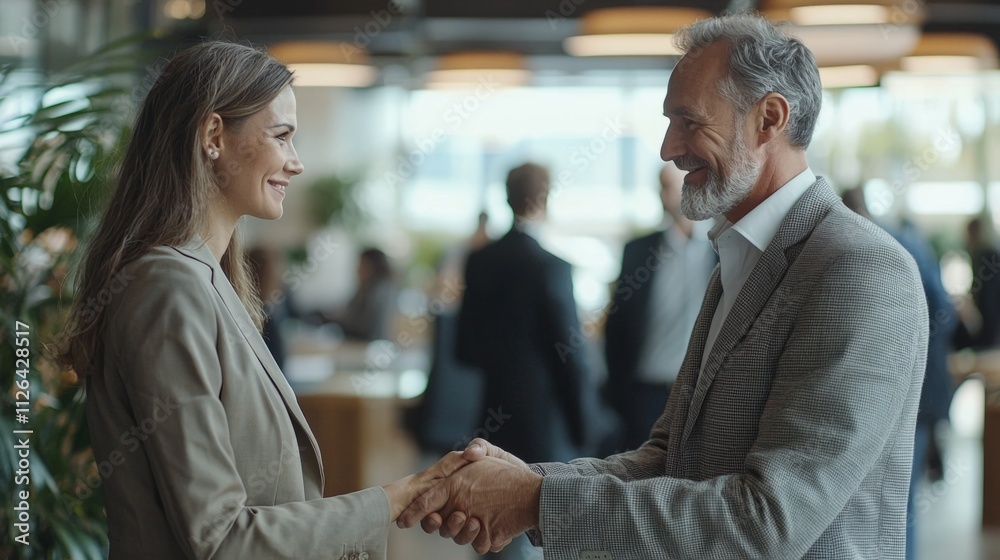 In a vibrant office setting, a woman and a man shake hands, showcasing professionalism and friendliness. Background activity reflects a bustling business atmosphere filled with diverse professionals In a vibrant office setting, a woman and a man shake hands, showcasing professionalism and friendliness. Background activity reflects a bustling business atmosphere filled with diverse professionals