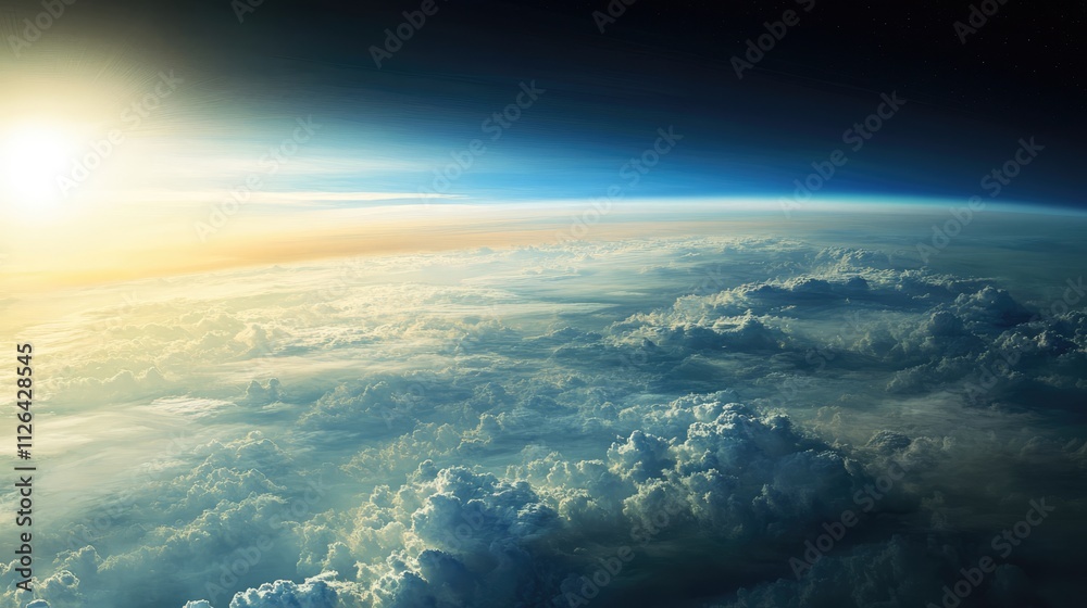 Fototapeta premium Aerial view of Earth and clouds from an airplane window with a stunning sunrise in the background, capturing the beauty of our planet.