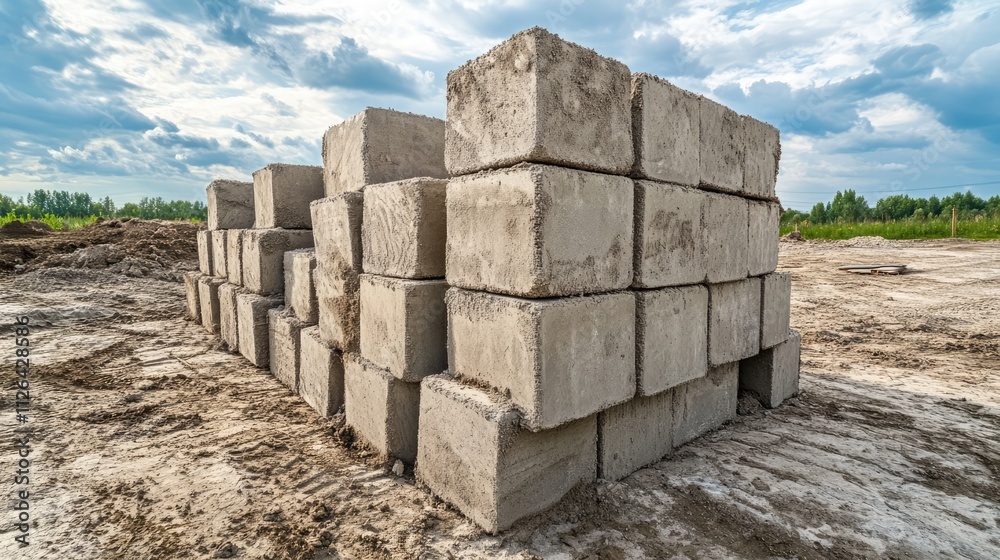 Heap of cement blocks stacked neatly on a construction site under cloudy skies showcasing preparation for building projects. Heap of cement blocks stacked neatly on a construction site under cloudy skies showcasing preparation for building projects.