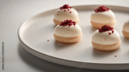 Elegant wedding canapÃ©s featuring delicate macaron desserts with cream topping and garnished with red sprinkles on a minimalist plate. photo