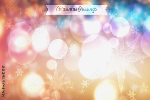 Abstract festive elegant gold blue white glittering greeting card with stars and a bokeh lighted Merry Christmas text. Beautiful backdrop with space.