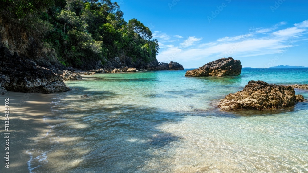 Fototapeta premium Serene Coastal Paradise: Secluded Beach Cove with Crystal Clear Waters