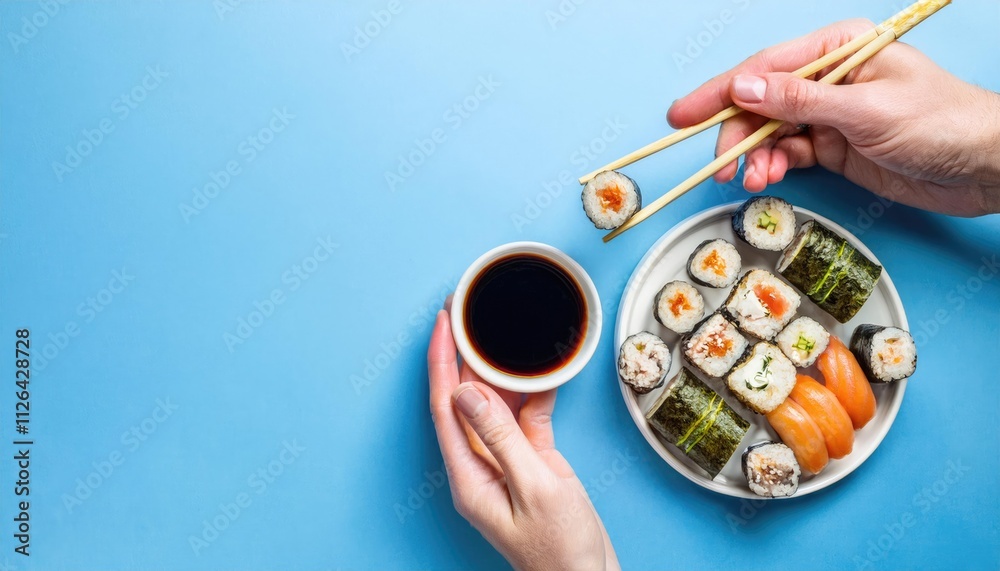 Set of sushi and maki with soy sauce with human hands over blue background Set of sushi and maki with soy sauce with human hands over blue background