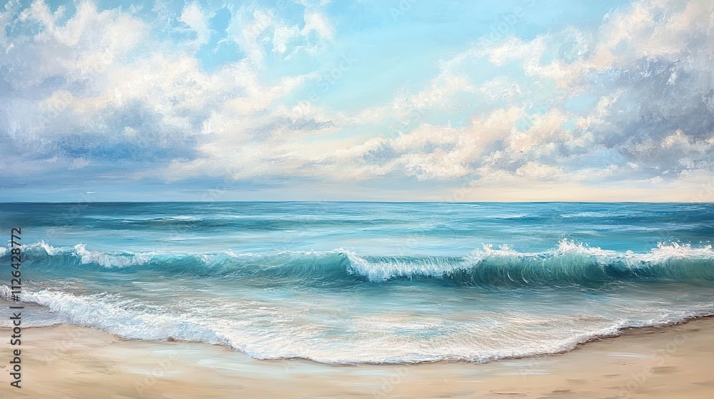 A calm beach with rolling waves, the horizon blending with the sky in soft pastels, symbolizing the quiet moments that lead to creative thoughts. A calm beach with rolling waves, the horizon blending with the sky in soft pastels, symbolizing the quiet moments that lead to creative thoughts.