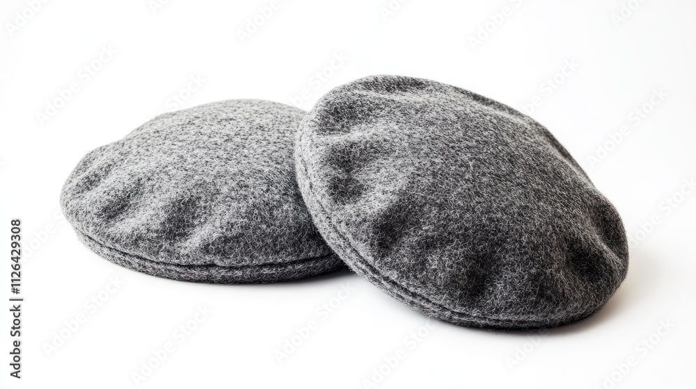 Gray berets stacked on white background showcasing elegant female headwear for fashion and style photography use Gray berets stacked on white background showcasing elegant female headwear for fashion and style photography use