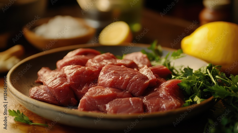 Fresh raw diced beef prepared for cooking with herbs and fresh ingredients on a rustic wooden table setting Fresh raw diced beef prepared for cooking with herbs and fresh ingredients on a rustic wooden table setting
