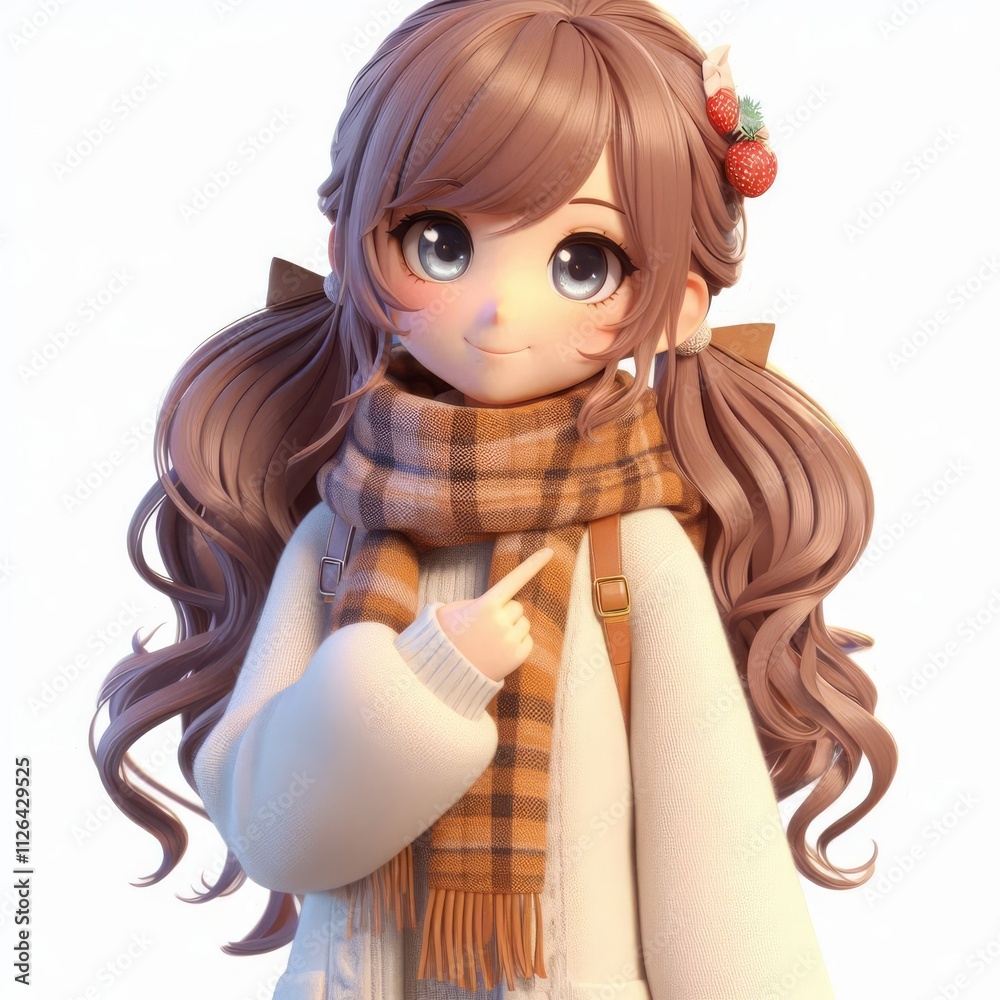 3d cartoon girl in winter clothes on white isolated background
