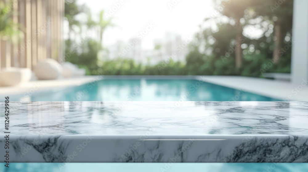 White marble table surface with blurred swimming pool backdrop ideal for product display and advertising mockups in a serene outdoor setting