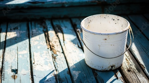 Old white paint bucket on weathered wooden floor with peeling blue paint textures and natural shadows highlighting its rustic charm photo