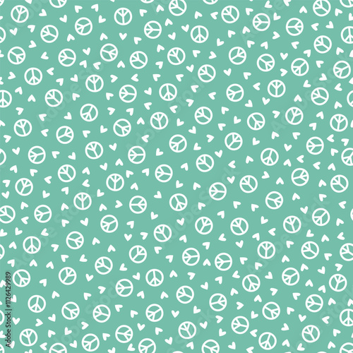 Teal seamless pattern with white peace symbols and hearts