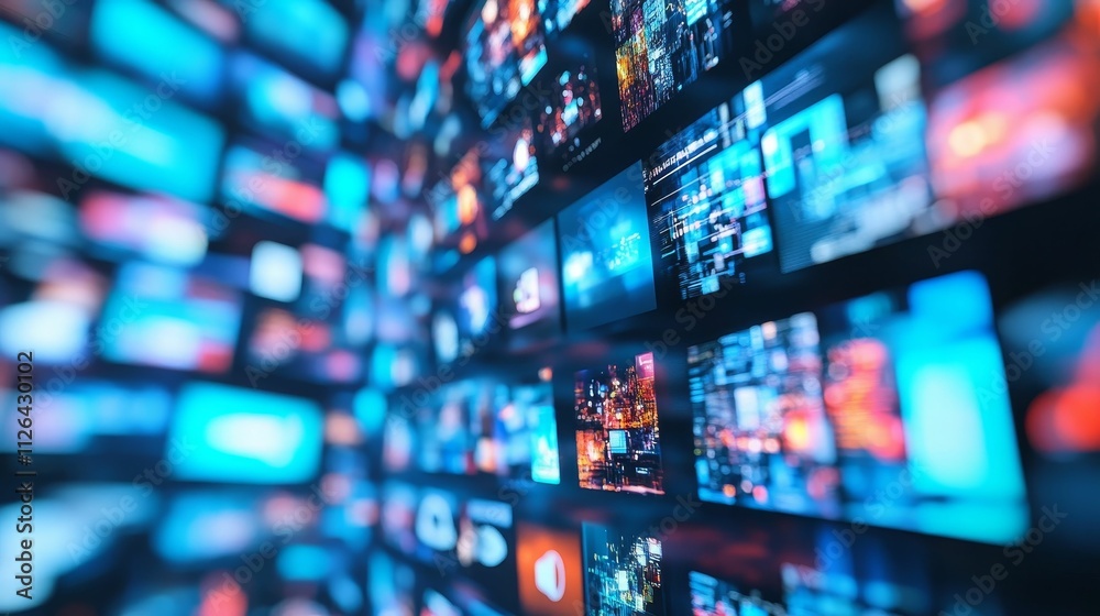 Blurred screens display vibrant data streams. Blurred screens display vibrant data streams.
