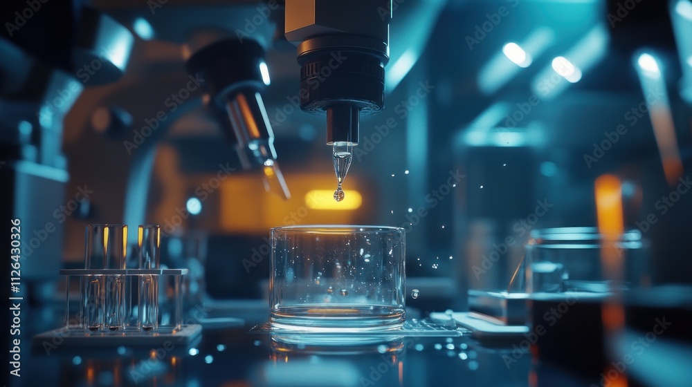 A close-up of a laboratory setup with a droplet being released into a glass container.