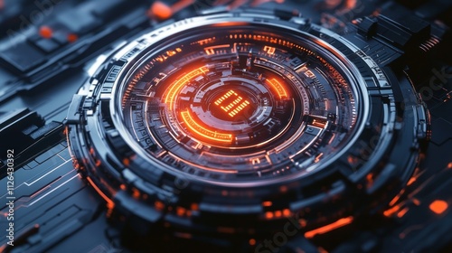 A futuristic digital interface with glowing elements and intricate circuitry.