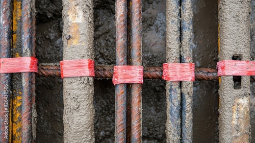 Top view of bundled rebars secured with red tape in a concrete container showcasing construction materials and techniques.