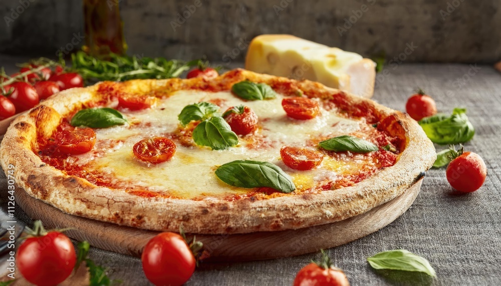 Vegetarian Italian pizza with melted cheese, red tomatoes and green basil on a table decorated by cheese Vegetarian Italian pizza with melted cheese, red tomatoes and green basil on a table decorated by cheese
