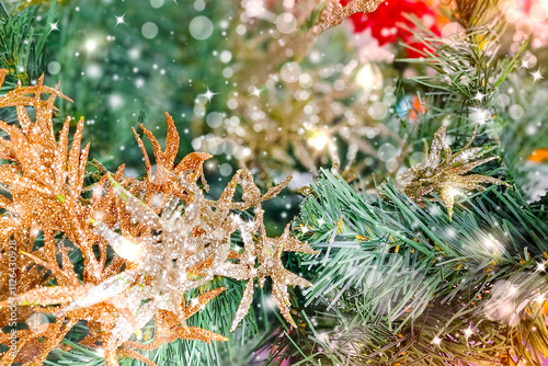 Gold Christmas glitter lights abstract background. Decorated Christmas tree branch.