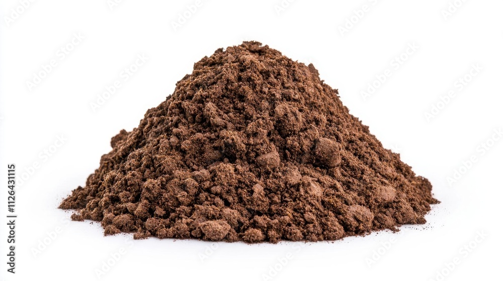 A photostock of rich brown compost soil with organic textures against a plain white background, perfect for gardening and eco-friendly concepts. High Quality A photostock of rich brown compost soil with organic textures against a plain white background, perfect for gardening and eco-friendly concepts. High Quality
