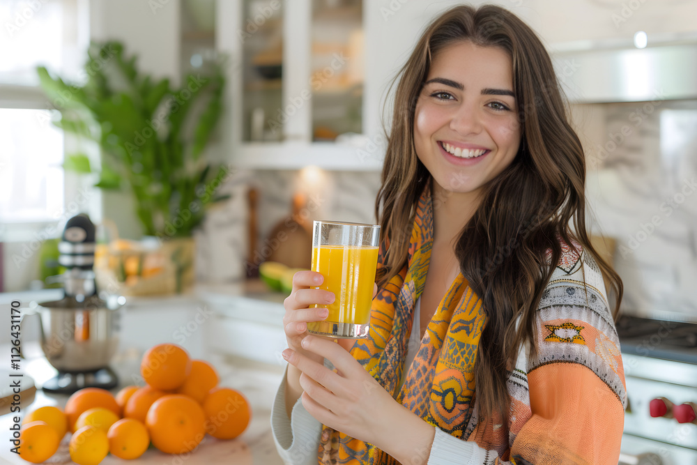 Young Woman Enjoying Freshly Squeezed Orange Juice in a Bright Modern Kitchen, Radiating Joy and Vitality Young Woman Enjoying Freshly Squeezed Orange Juice in a Bright Modern Kitchen, Radiating Joy and Vitality