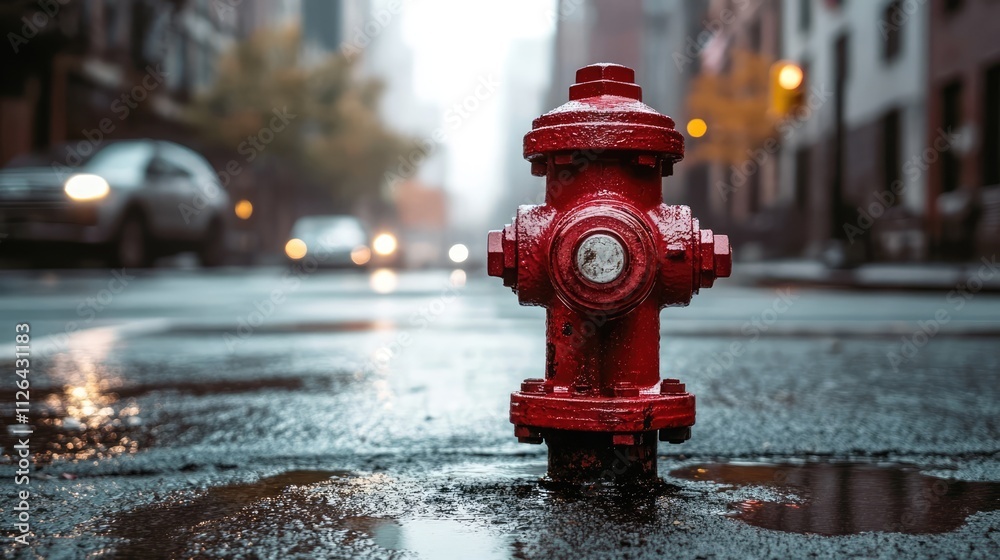Urban fire hydrant close-up on wet street with blurred traffic and city buildings in the background showcasing city infrastructure and safety features. Urban fire hydrant close-up on wet street with blurred traffic and city buildings in the background showcasing city infrastructure and safety features.