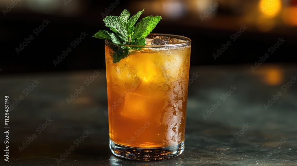 Refreshing sweet iced tea with mint leaves served in a stylish glass on a dark countertop Refreshing sweet iced tea with mint leaves served in a stylish glass on a dark countertop