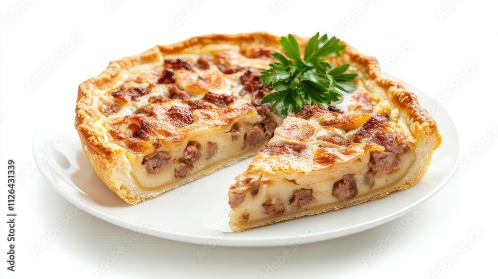 Savory meat pie slices on a white plate garnished with parsley against a blurred background showcasing delectable textures and flavors Savory meat pie slices on a white plate garnished with parsley against a blurred background showcasing delectable textures and flavors