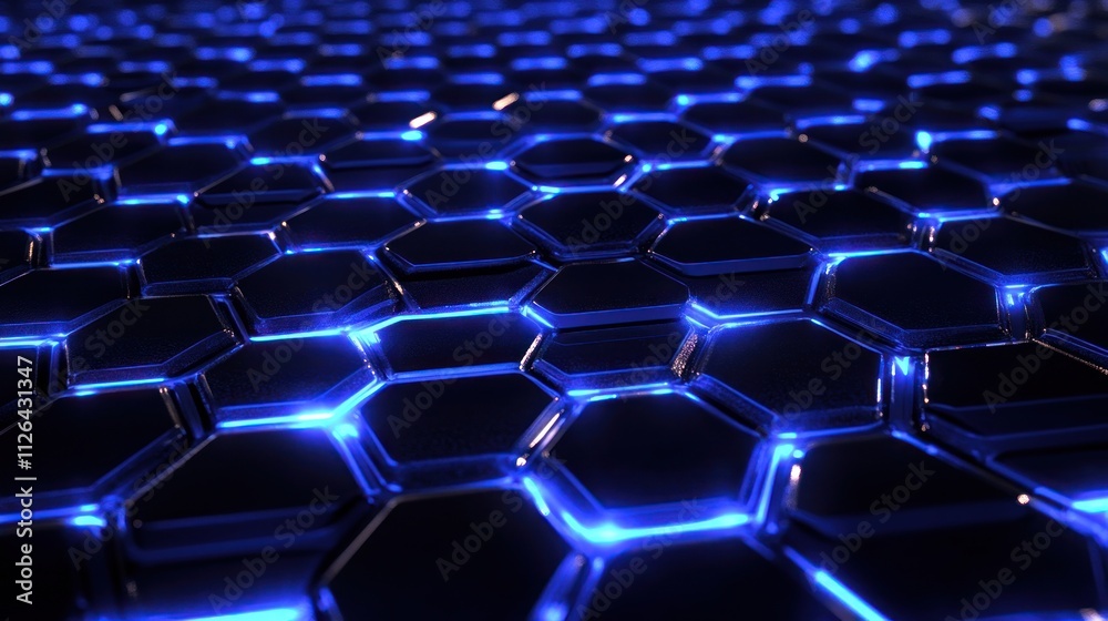 A close-up of a futuristic hexagonal pattern illuminated with blue light. A close-up of a futuristic hexagonal pattern illuminated with blue light.