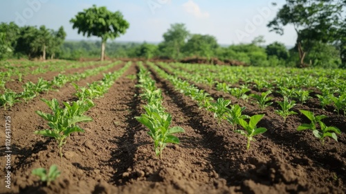 Watermelon plant cultivation in a lush green field rows highlighting organic farming practices and healthy growth of crops