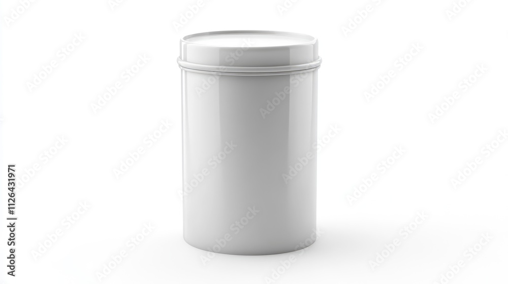 White plastic canister container with a smooth finish, positioned upright on a clean, bright white background, product packaging, minimalism, storage solution, versatile use. White plastic canister container with a smooth finish, positioned upright on a clean, bright white background, product packaging, minimalism, storage solution, versatile use.