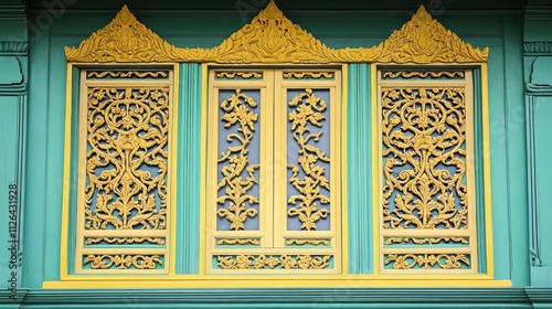 Thai traditional ornamental window design featuring vibrant yellow and green colors with intricate floral patterns and cultural motifs. photo