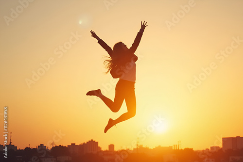 Successful Businesswoman Celebrating Victory Jump Against Vibrant Sunset Sky