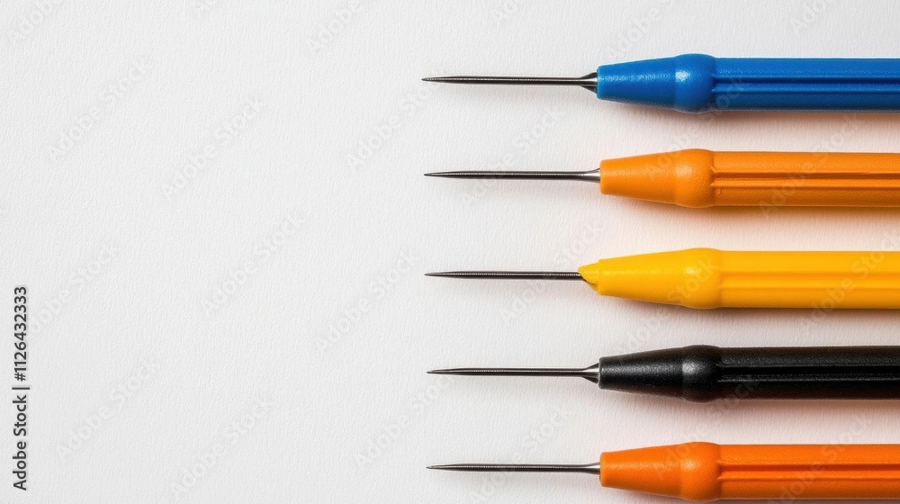 A photostock of sewing needles arranged in parallel on a bright white background, symbolizing precision and craftsmanship. High Quality A photostock of sewing needles arranged in parallel on a bright white background, symbolizing precision and craftsmanship. High Quality