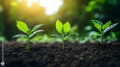 Photography depicting the life cycle of cacao, with young seedlings growing alongside mature trees heavy with fruit, symbolizing the sustainability of cacao farming. photo