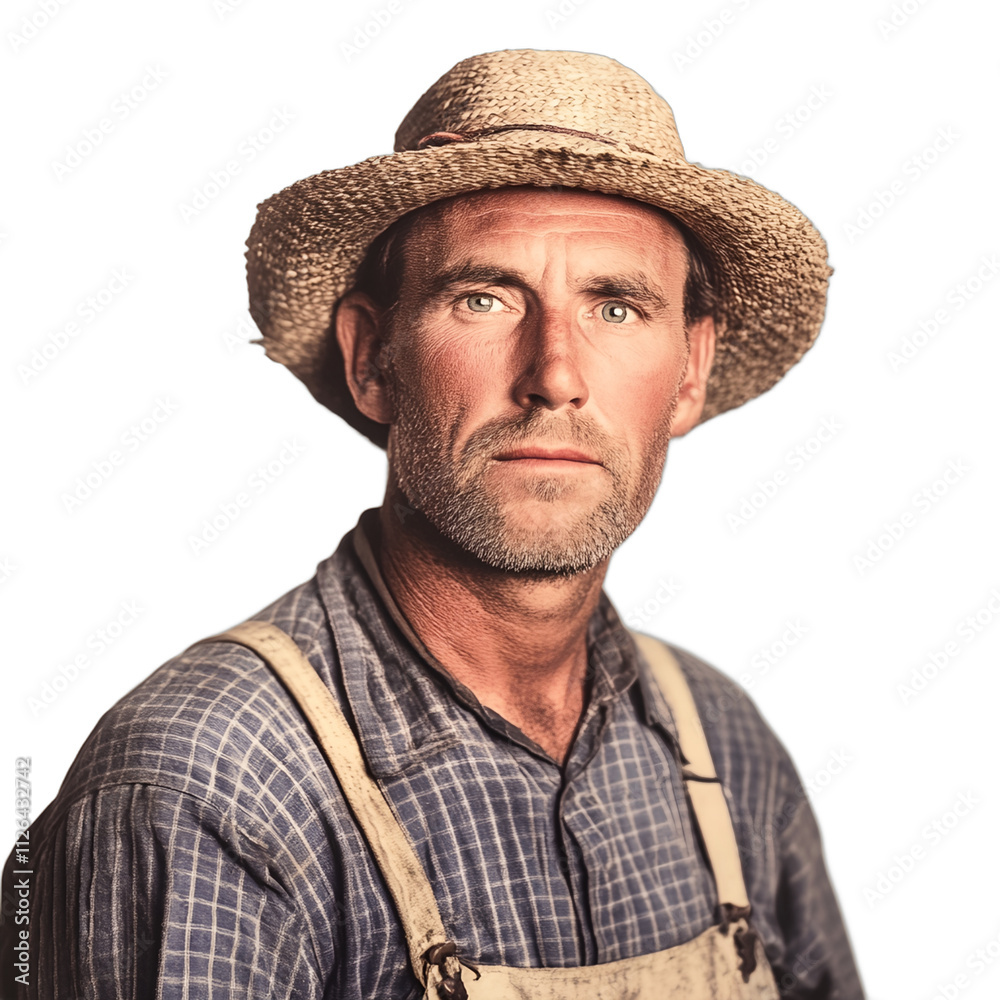 A man wearing a straw hat and blue shirt with a white stripe. He has a beard and is wearing suspenders A man wearing a straw hat and blue shirt with a white stripe. He has a beard and is wearing suspenders
