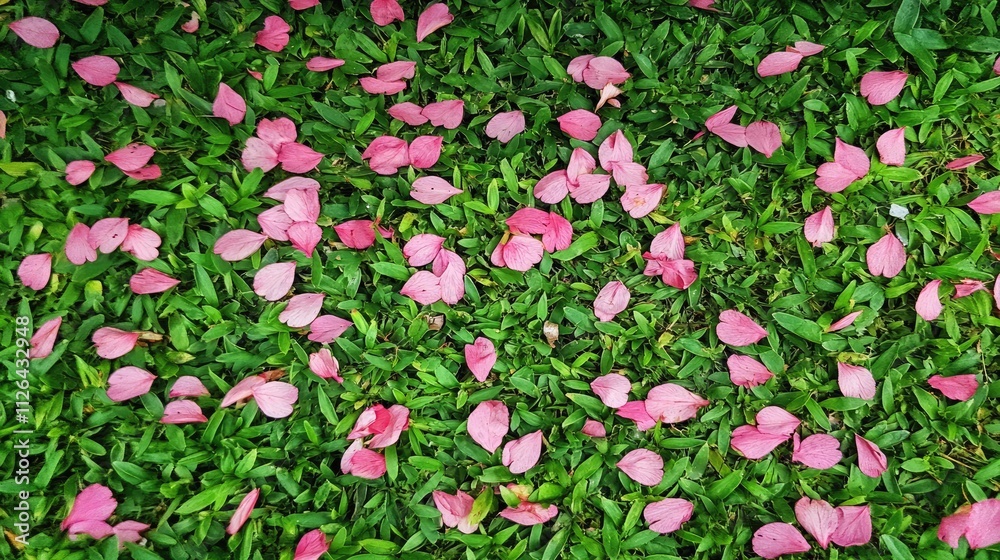 Pink flower petals scattered on lush green grass creating a vibrant natural aesthetic with beautiful colors and delicate textures of nature. Pink flower petals scattered on lush green grass creating a vibrant natural aesthetic with beautiful colors and delicate textures of nature.
