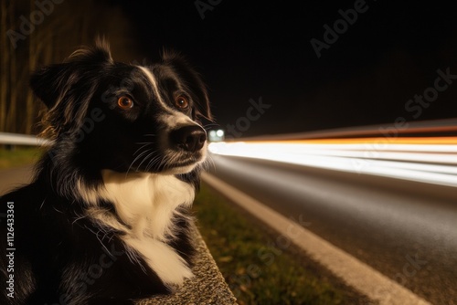 A black and white dog is looking at the camera