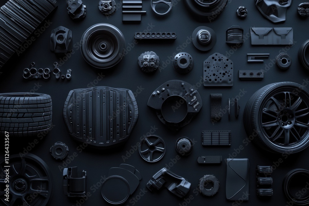 Fototapeta premium Various car tires, rims, and brake pads are neatly arranged on a dark surface, providing ample space for additional text and graphics. Generative AI