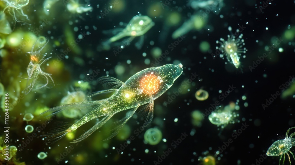 Microscopic aquatic life showcasing diverse microorganisms in a vibrant underwater scene. Microscopic aquatic life showcasing diverse microorganisms in a vibrant underwater scene.