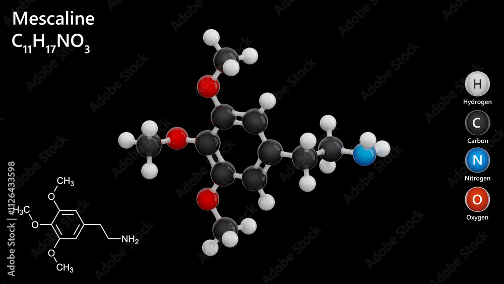 Molecule: Mescaline. Hallucinogenic substance. Molecular structure. Formula: C11H17NO3. Chemical model: Ball and stick. Black background. 3D illustration. Molecule: Mescaline. Hallucinogenic substance. Molecular structure. Formula: C11H17NO3. Chemical model: Ball and stick. Black background. 3D illustration.