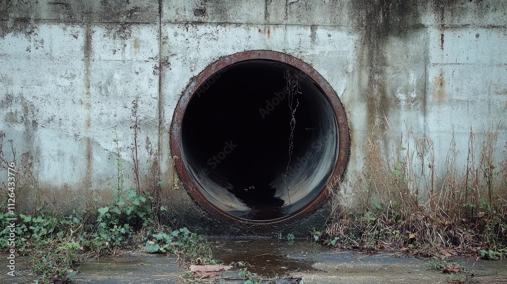 PVC sewer pipe penetrating a concrete wall surrounded by overgrown vegetation in an urban setting. PVC sewer pipe penetrating a concrete wall surrounded by overgrown vegetation in an urban setting.