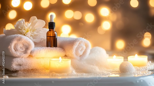 A person enjoying a bubble bath in a luxurious bathroom, surrounded by candles, essential oils, and soft towels, creating a calming atmosphere for self-care