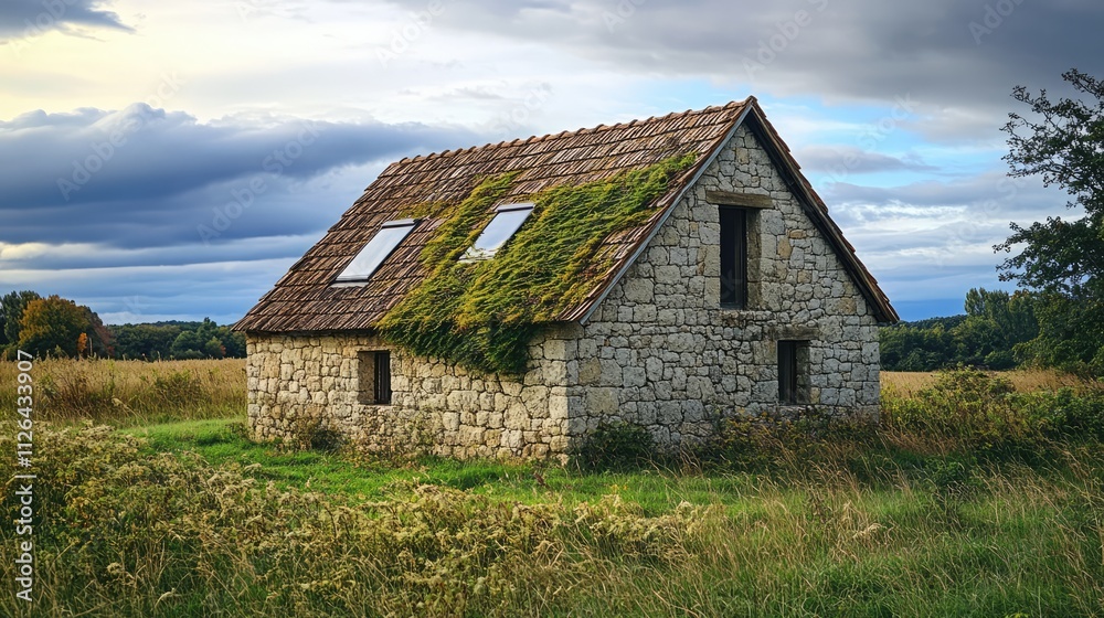 Rustic stone house with mossy roof under a dramatic sky surrounded by lush greenery and open fields in a serene rural landscape. Rustic stone house with mossy roof under a dramatic sky surrounded by lush greenery and open fields in a serene rural landscape.