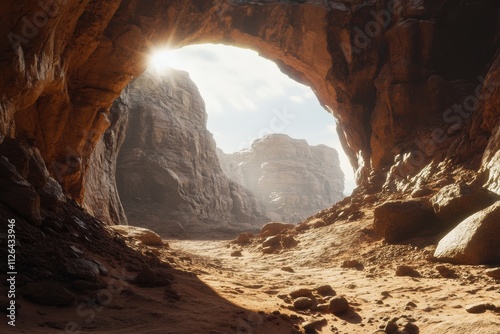 A large cave with a sun shining through it