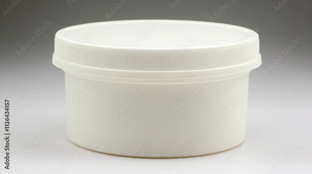 White plastic storage container isolated on a plain background, featuring a round shape and a textured lid, suitable for packaging, storage solutions, minimalistic design. White plastic storage container isolated on a plain background, featuring a round shape and a textured lid, suitable for packaging, storage solutions, minimalistic design.