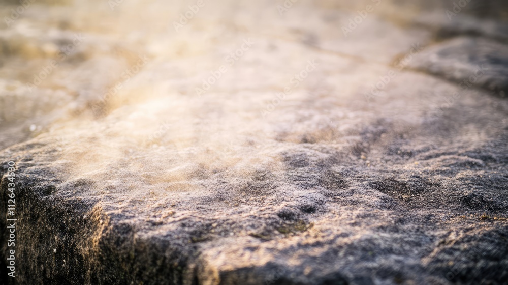 Textured stone surface lightly dusted with particles creating an atmospheric effect in natural light. Textured stone surface lightly dusted with particles creating an atmospheric effect in natural light.
