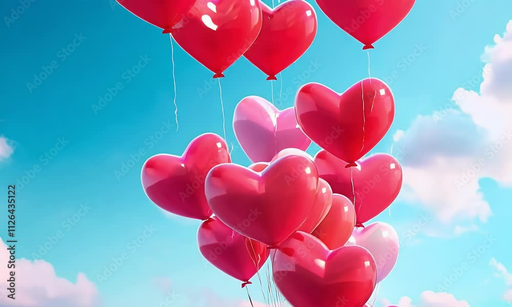 A bunch of heart-shaped balloons floating in the air.