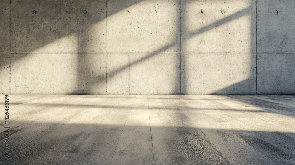 Concrete wall and wooden floor with sunlight shadows creating a modern and minimalist interior design atmosphere. Ideal for architectural visuals.